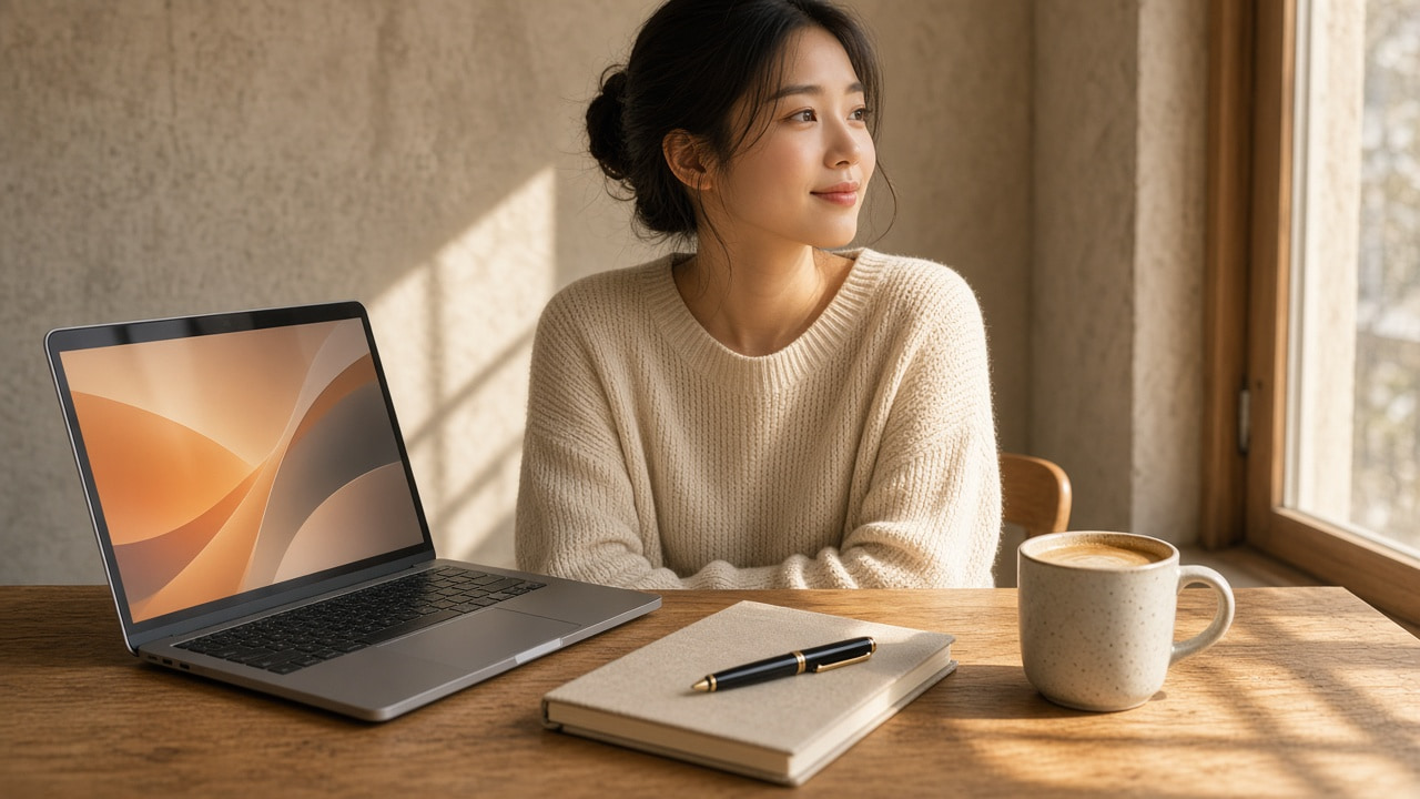 따뜻한 책상과 노트북이 있는 미래 직업 실사 장면